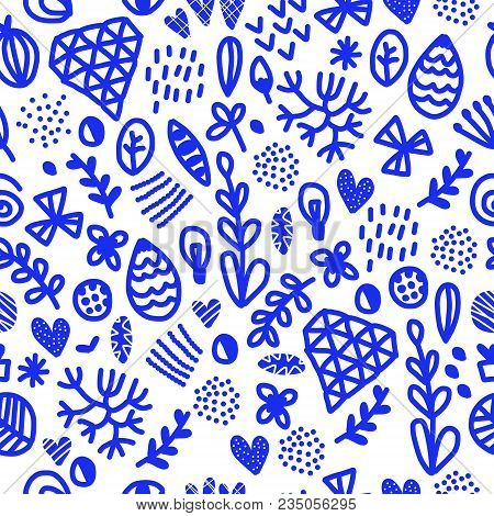 Vector Seamless Floral Pattern With Elements, Diamond, Egg, Leaf, Plant, Dots And Balls