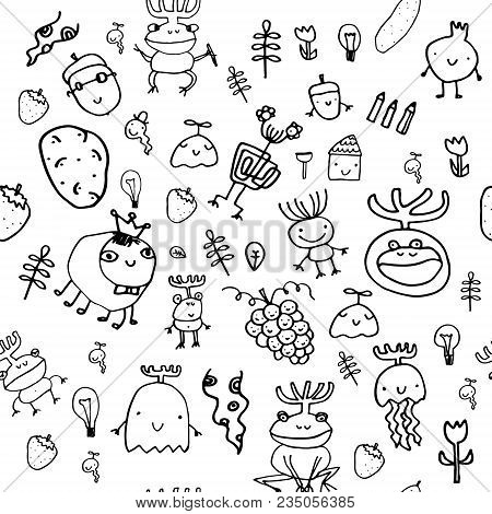 Seamless Pattern With Monsters, Bacteria And Germs On White Background