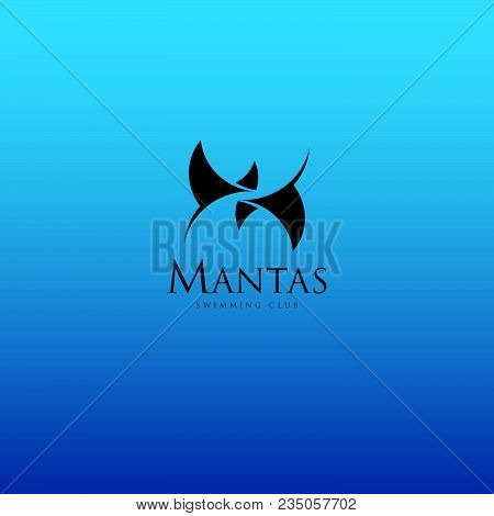 Mantas Swimming Club Logo. Two Mantas On Blue Gradient Background.