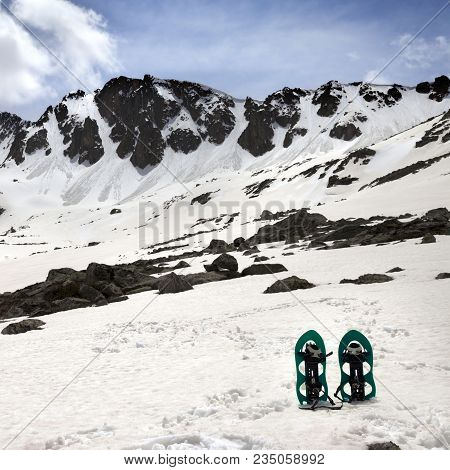 Green Snowshoes In Snow Mountains In Sun Spring Day. Turkey, Kachkar Mountains, Highest Part Of Pont