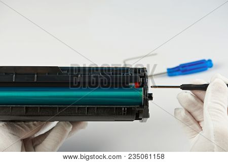 Fixing Printer Toner Catridge Close-up. Service Of Repairing Printers
