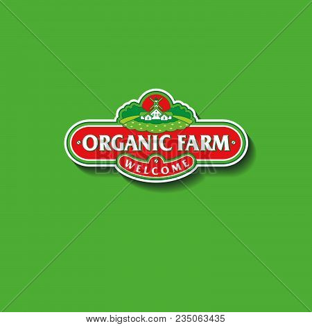 Organic Farm Logo. The Farm, A Mill And A House In Vintage Style.