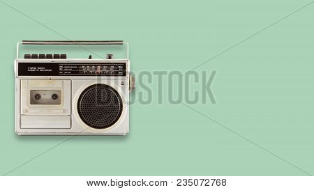 Radio Cassette Recorder And Player On Color Background. Retro Technology. Flat Lay, Top View Hero He
