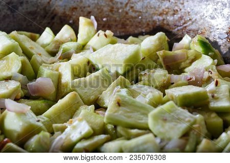 Stewed Vegetables Of Ridge Gourd With Spices In A Saucepan