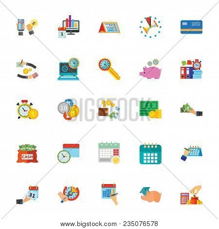 Icon Set Of Banking Signs. Time Is Money, Time Management, Deadline. Finance Concept. For Topics Lik