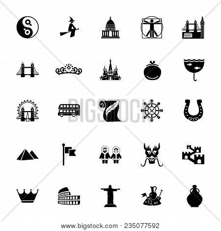 Icon Set Of European And Asian Culture Symbols. Traditional Culture, Famous Places, National Symbols