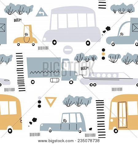 Seamless Pattern With Hand Drawn Cute Car. Perfect For Kids Fabric, Textile, Nursery Wallpaper.
