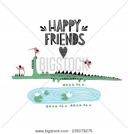 Crocodile And Bird Illustration Vector For Print. Happy Friends.