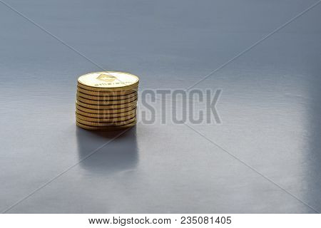 Golden Bitcoin Coins On A Dark Background With Euro Coins. Virtual Currency. Crypto Currency. New Vi