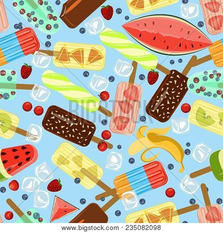 Seamless Pattern With Popsicles With Berries And Fruits Isolated On White Background. Top View Ice-c