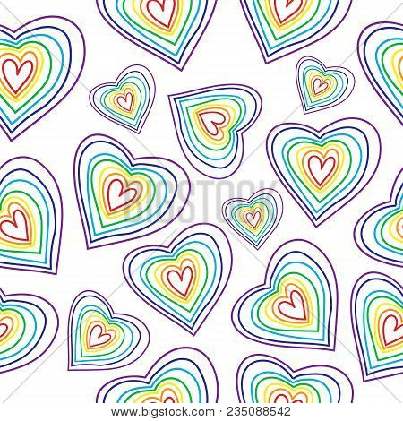 Seamless Abstract Vector Geometric Pattern. Rainbow Hearts On White Font