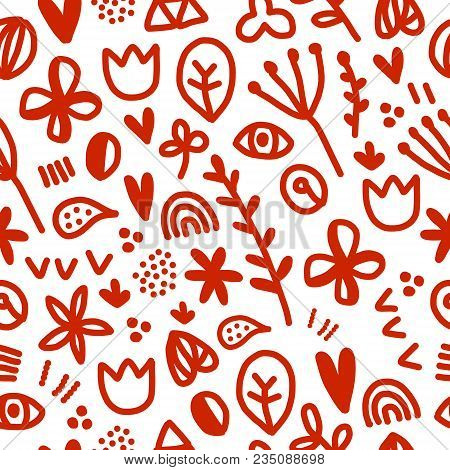 Seamless Floral Pattern With White And Red, Plants, Heart, Tulips, Eye Dots