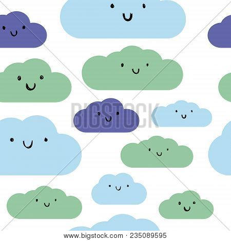 Seamless Clouds Pattern Vector Illustration With Blue Faces