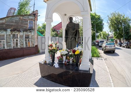 Samara, Russia - May 6, 2017: Monument To St. Nicholas The Wonderworker On The City Street In Summer