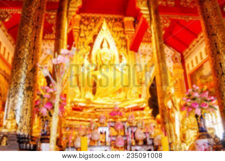 Beautiful Golden Buddha Statue In Position Sitting Inside Buddhist Sanctuary, The Place For Making M