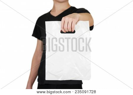 Man Shows Blank Plastic Bag Mock Up Isolated On White. Empty White Polyethylene Package Mockup. Cons