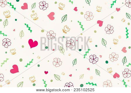 Cute Colorful Botanicals And Heart Shape Pattern On White Background. Beautiful Botanicals Pattern W