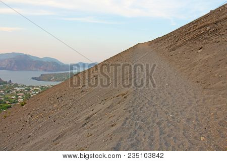 Ascent To The Volcano On The Island Of Vulcano, Italy, Lipari. Road To The Volcano.