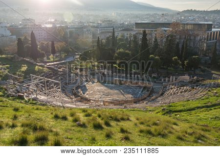 The Ruins Theater Of Dionysus In Sunrise. Southwest Slope Of The Acropolis In Athens, Greece