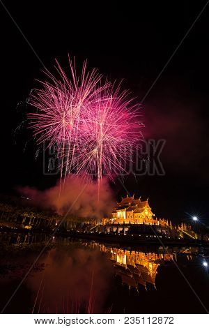 Fireworks Celebrate The New Year 2018 At Rajapruek Royal Park, Chiang Mai With Beutiful Light Of Hor