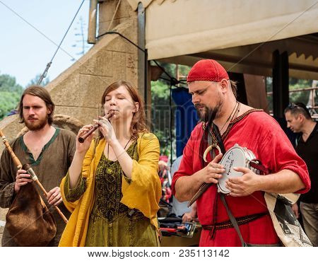 Goren, Israel, April 06, 2018 : Musicians Play Musical Instruments For Guests Of Knight Festival In 