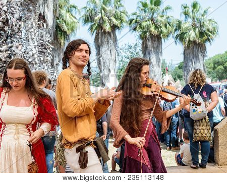 Goren, Israel, April 06, 2018 : Musicians Play Musical Instruments For Guests Of Knight Festival In 