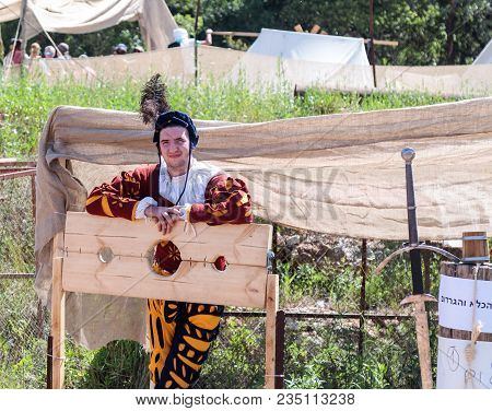 Goren, Israel, April 06, 2018 : A Participant In The Knight Festival Expects Those Who Wish To Be Ph