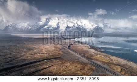 Beautiful Aerial Views Of The Snow-capped Mountains In Iceland.