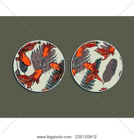 Set Of Tropical Leaves And Golden Fishes  Round Gift Tags. Paper Labels. Flat Design. Vector Illustr