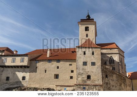 The Medieval Castle In Strakonice City At Spring Time. Czech Republic. A Moated Castle On The Otava 