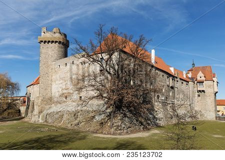 The Gothic Tower Rumpal And A Medieval Castle In Strakonice City At Spring Time. Czech Republic. A M