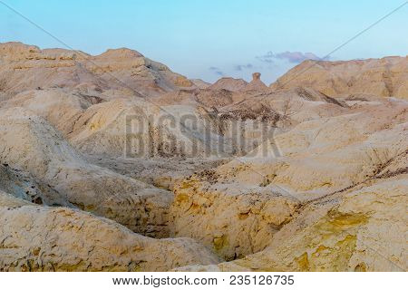 Blue Hour (before Sunrise) View Of Marlstone Rock Formation, In Neot Hakikar, Northern Arava Valley,