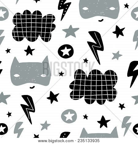 Seamless Childish Pattern With Cute Hero Mask, Flas, Star, Cloud. Creative Kids Texture For Fabric, 