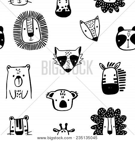 Seamless Childish Pattern With Cute Ink Drawn Animals In Black And White Style. Creative Scandinavia
