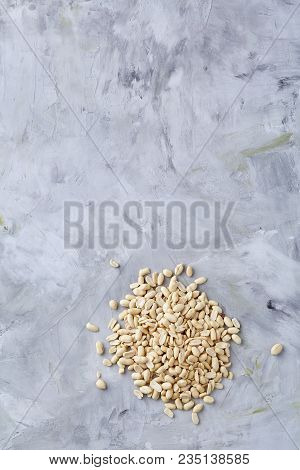 Pile Of Peelled Peanuts Isolated On White Textured Background, Background, Top View, Close-up, Selec