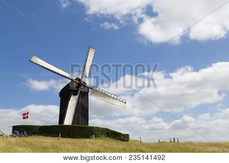 Hoejerg, Denmark - June 19, 2016: Historic Danish Windmill Called Pibe Moelle.