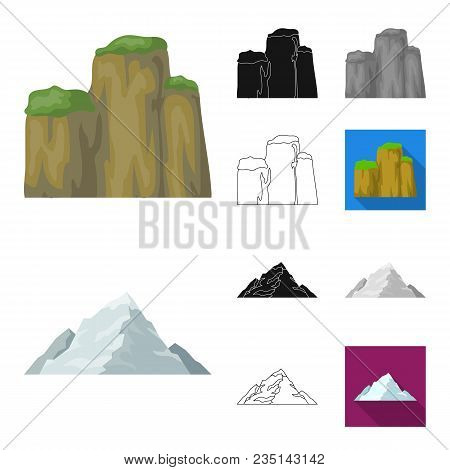 Different Mountains Cartoon, Black, Flat, Monochrome, Outline Icons In Set Collection For Design.mou