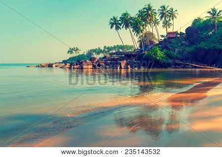 Fine Sand On A Tropical Beach And Sea Waves. Tinted.