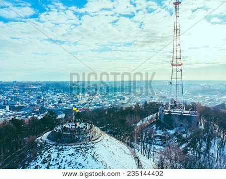 Tourists On Top Of Hill. High Castle In Lviv. Birds Eye View