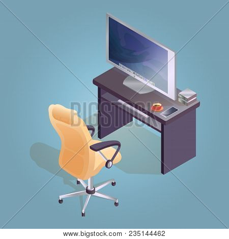 Isometric Cartoon Armchair, Computer And Table Icon Isolated On Blue. Detailed Objects. Vector Flat 