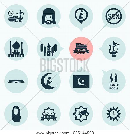 Religion Icons Set With Prayer, Azan, Scripture And Other Kerchief Elements. Isolated Vector Illustr