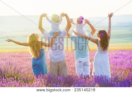 Two Couples With Their Children Have A Rest In Provence. Beautiful Young Family With Little Boy And 