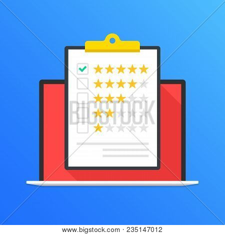 Laptop And Clipboard With Rating Stars. Five Stars And Green Check Mark In Checklist. Customer Revie