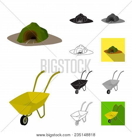 Mining Industry Cartoon, Black, Flat, Monochrome, Outline Icons In Set Collection For Design. Equipm