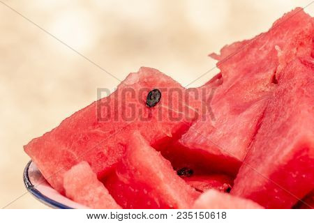 Fresh slices of ripe organic red watermelon, Citrullus lanatus