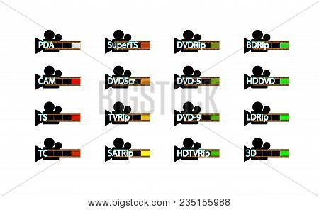 Pirated Movie Release Types, Release Formats Icon Set. Video Piracy. Vector.