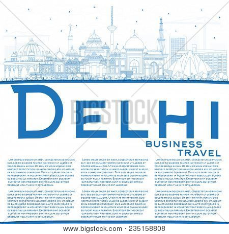 Outline Delhi India City Skyline with Blue Buildings with Copy Space. Business Travel and Tourism Concept with Historic Architecture. Delhi Cityscape with Landmarks.