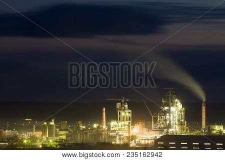 Panorama View Of Cement Plant And Power Sation At Night In Ivano-frankivsk, Ukraine