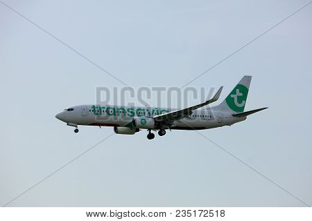 Amsterdam The Netherlands - April, 7th 2018: Ph-hze Transavia Boeing 737-800 Approaching Schiphol Zw