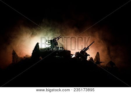 War Concept. Military Silhouettes Fighting Scene On War Fog Sky Background, World War Soldiers Silho